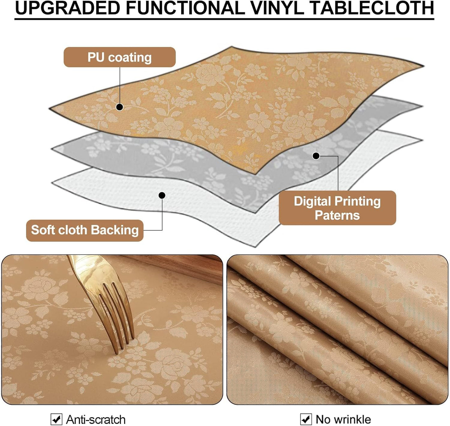Smiry Rectangle Table Cloth, Waterproof Heavy Duty Vinyl Tablecloths, Wipeable Washable Table Cover for Kitchen and Dining Room (Brown, 54" X 78")