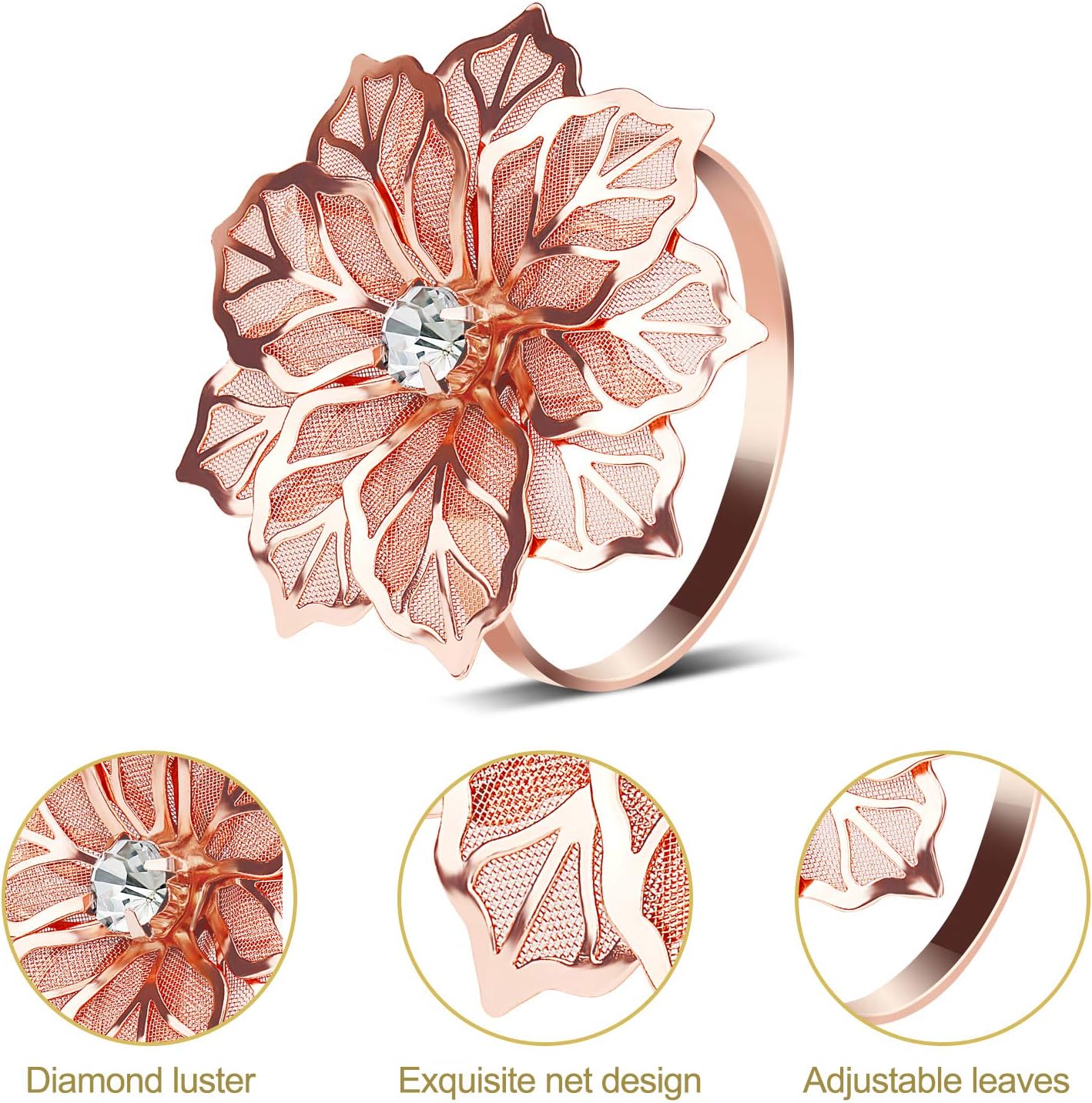 KPOSIYA Hollow Out Flower Napkin Ring Holder Metal Napkin Rings Set of 20 for Wedding Party Holiday Banquet Christmas Dinner Delicate Serviette Buckles Decor Favor (20, Flower-Rose Gold)