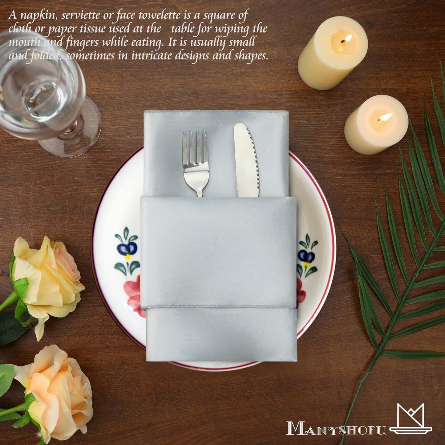 Manyshofu 50 Pieces Silver Satin Napkins - 12x12 Inches Cloth Napkins, Square Satin Fabric Napkin Set - Elegant & Smooth Table Napkins for Wedding Dinner Party Lunch Banquet Decoration