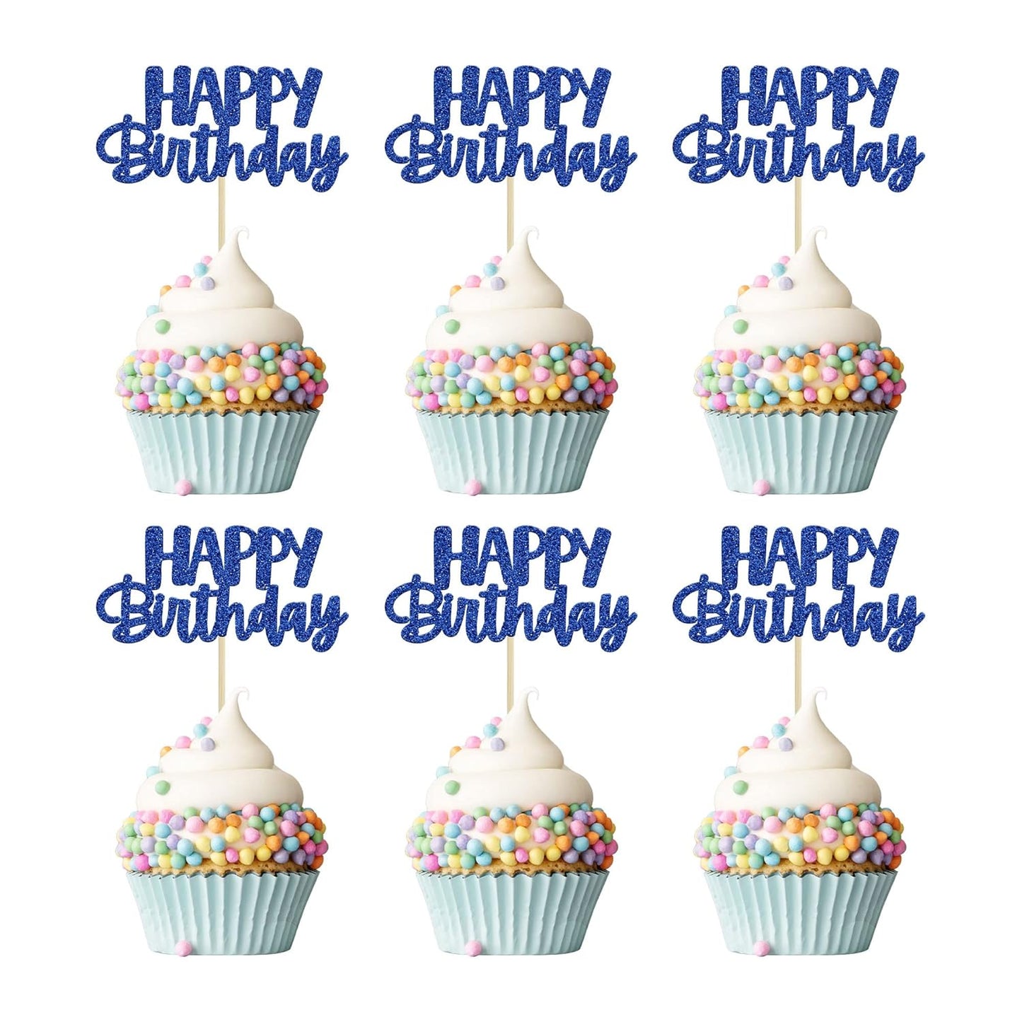 Gyufise 24 Pcs Happy Birthday Cupcake Toppers Glitter Cupcake Food Picks for Celebrating Theme Party Cake Decorations Supplies Deep Blue