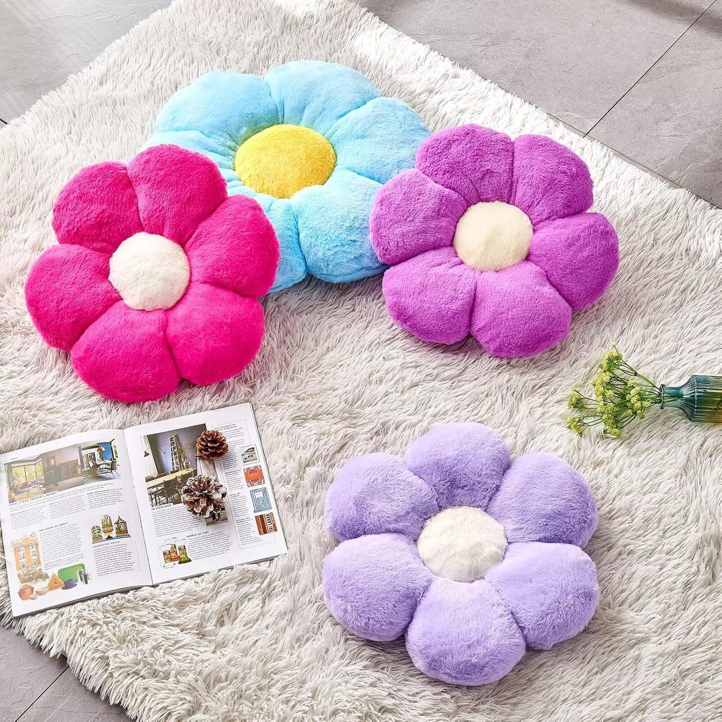 Hot Pink Flower Pillow, Cute Decorative Flower Shaped Throw Pillow with Faux Rabbit Fur, 14.9" Soft Flower Plush Throw Pillow Floor Pillows Room Décor for Bedroom Living Room