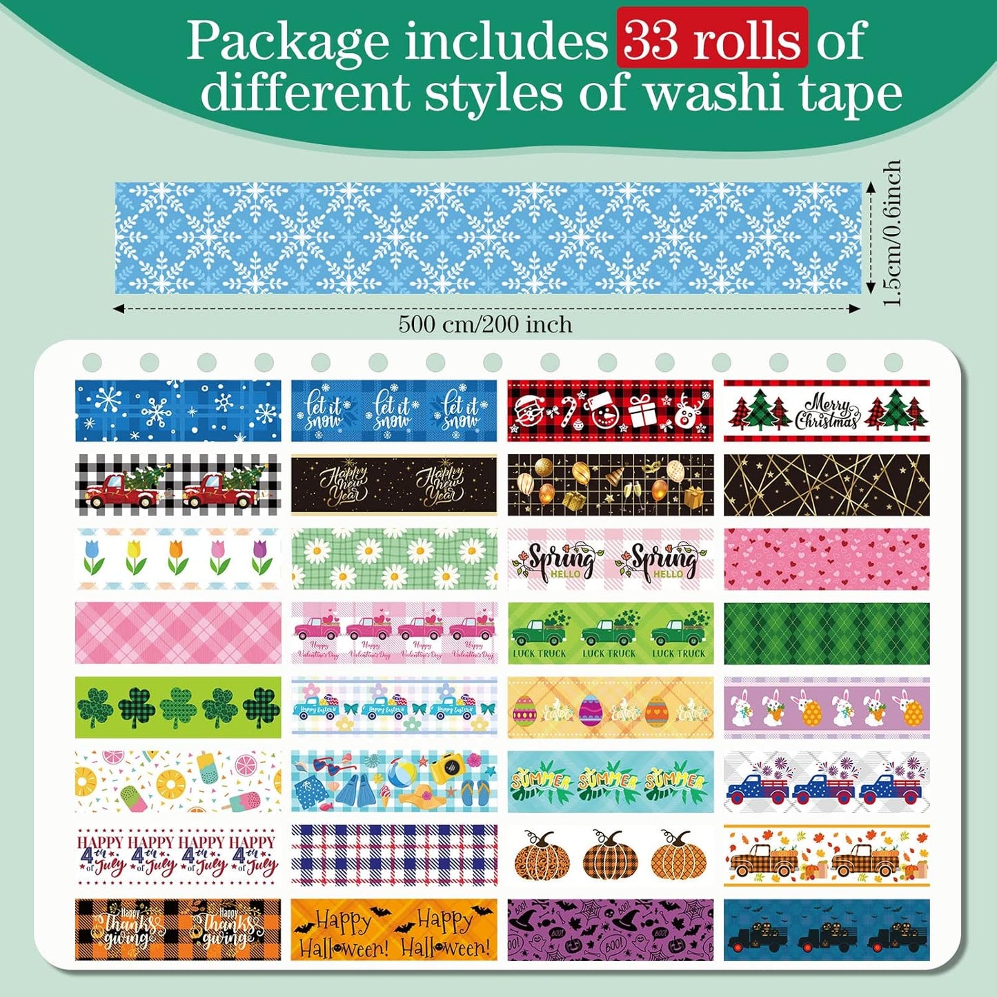 TaoBary 33 Rolls Holiday Plaid Washi Tape, 15 mm Seasonal Washi Tape Set Bohemian Colorful Vintage Cute for Card Wrapping Craft(Cute Style)
