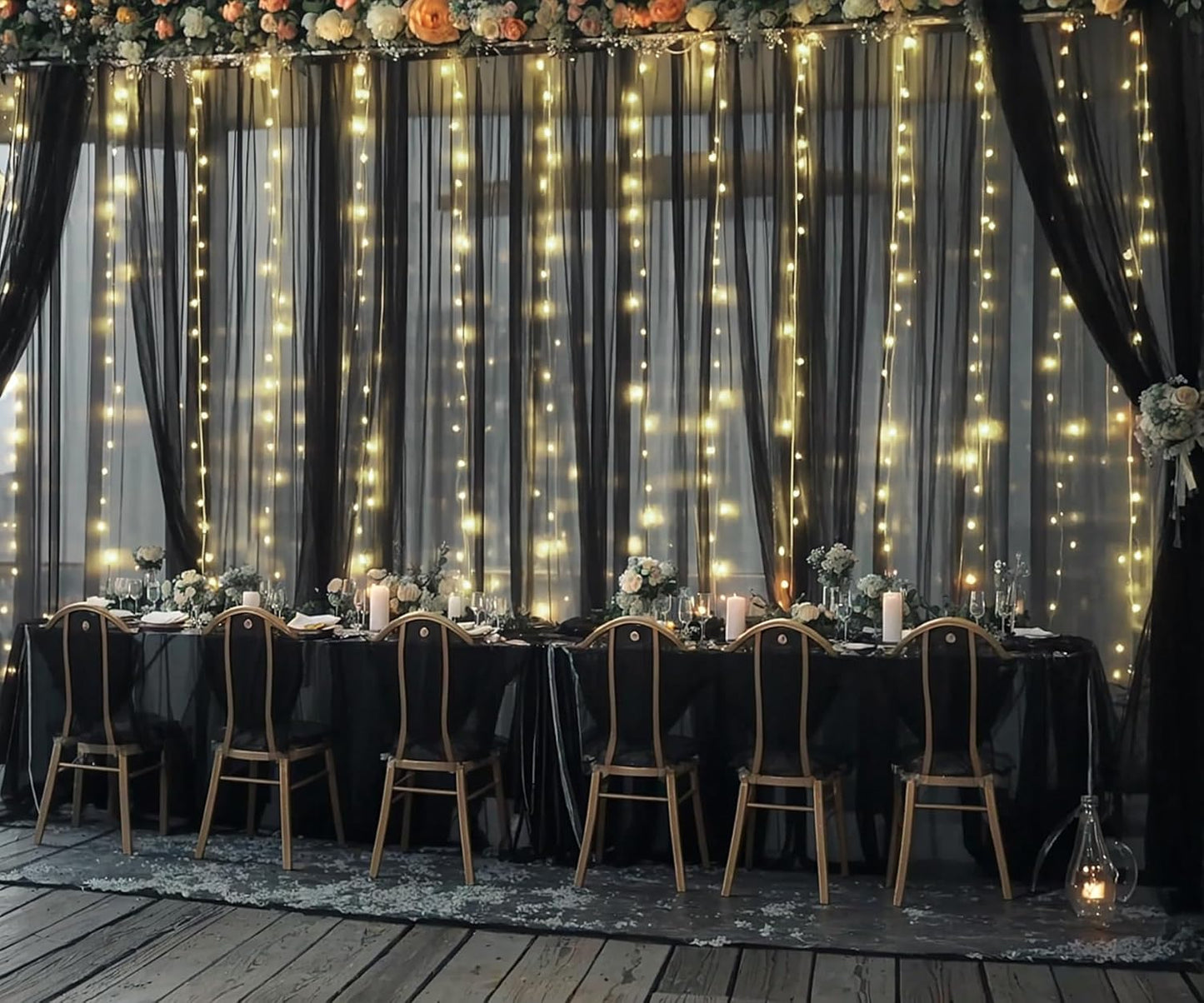 Black Tulle Backdrop Curtain with Lights String for Parites 20ft×10ft Black Sheer Backdrop Curtains for Baby Shower Wedding Bridal Shower Birthday Party Photo Shoot Decorations(4 Panels 5×10ft)