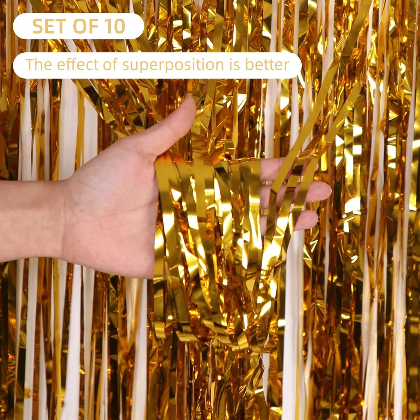 10 Pack Gold Backdrop Curtain 3.2ft x 8.2ft Metallic Tinsel Foil Fringe Curtains Photo Booth Background for Birthday Party Decoration Baby Shower Engagement Wedding Christmas Decoration (Gold)
