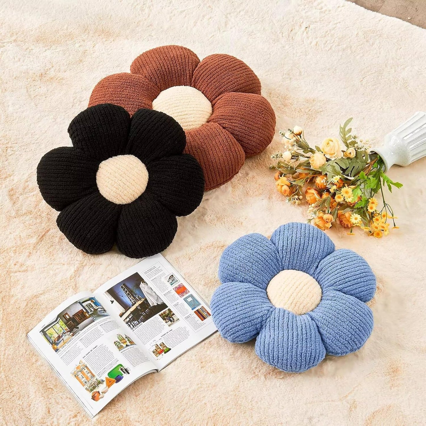 Flower Throw Pillow, Soft Brown 19.6" Shaped Floor Pillow for Home Decor, Cute Aesthetic Plush Decorative Pillows for Bed, Sofa, Couch