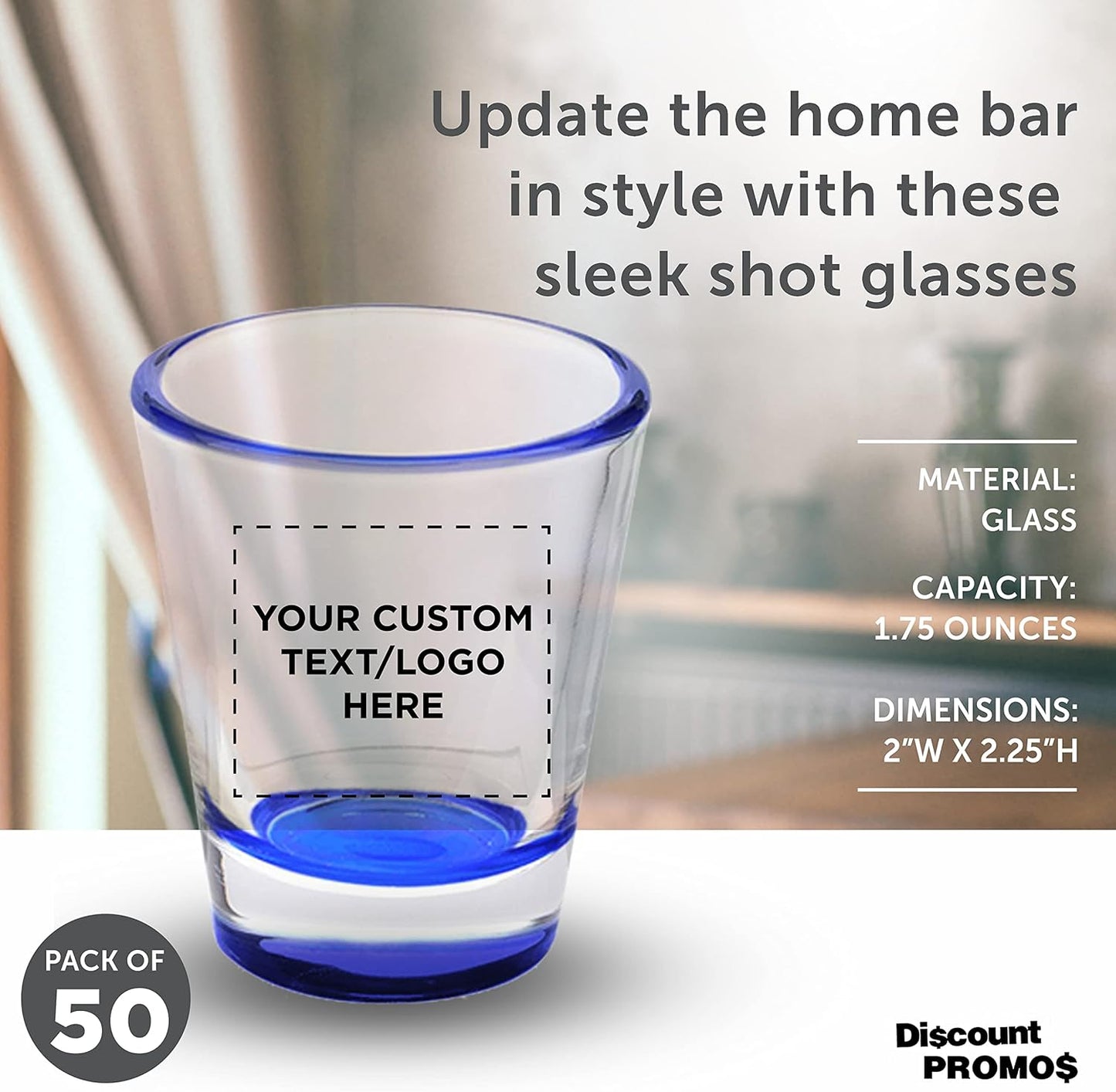 Custom Shot Glasses 1.75 oz. Set of 50, Personalized Bulk Pack - Great for Wedding Favors, Bachelorette Party Decorations, Party Fovors, Color Bottom - Blue