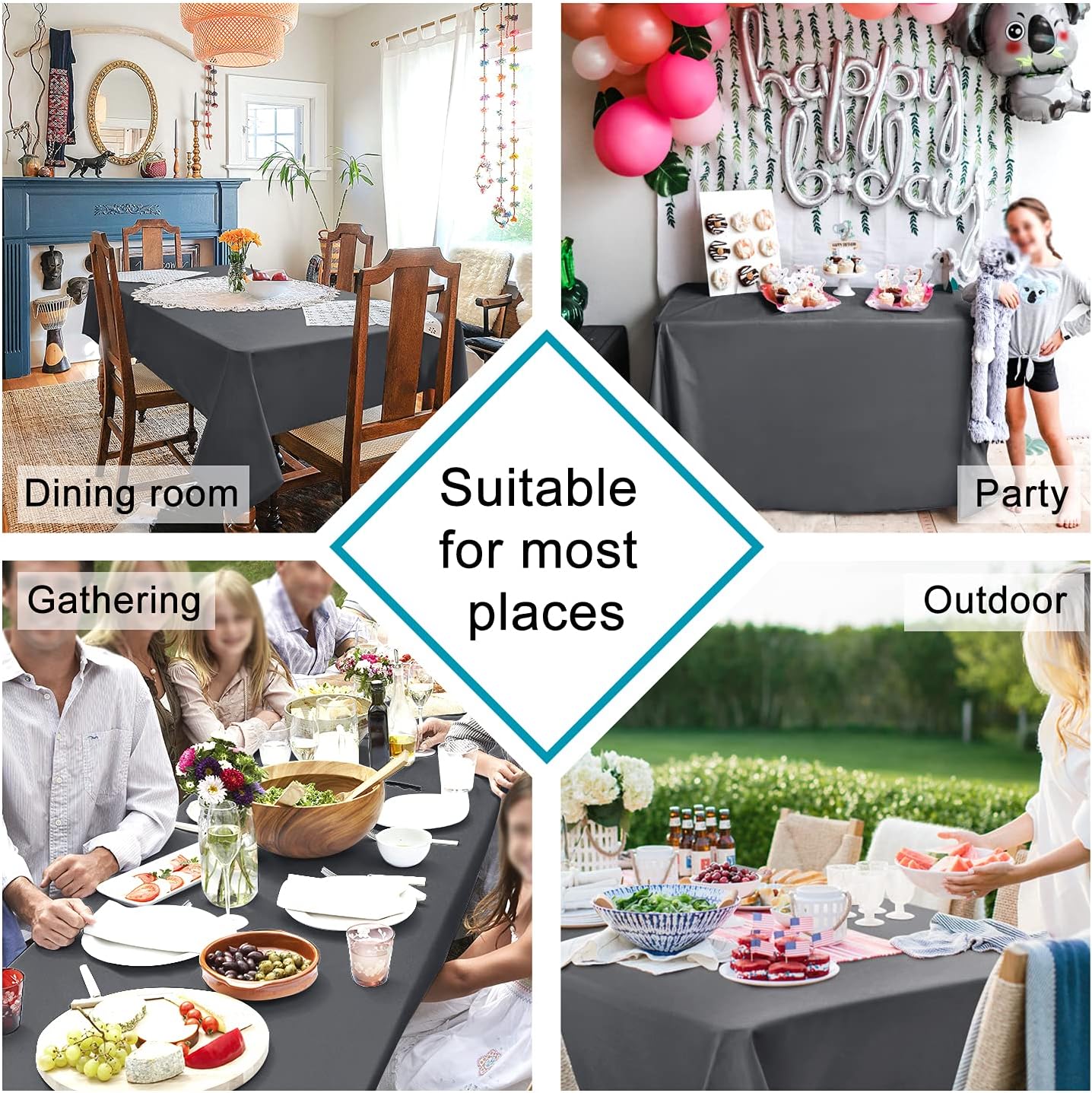Hiasan Rectangle Tablecloth Grey - Wrinkle Resistant and Waterproof Washable Polyester Fabric Table Cloth for Dining Party and Outdoor Use, 70 x 120 Inch