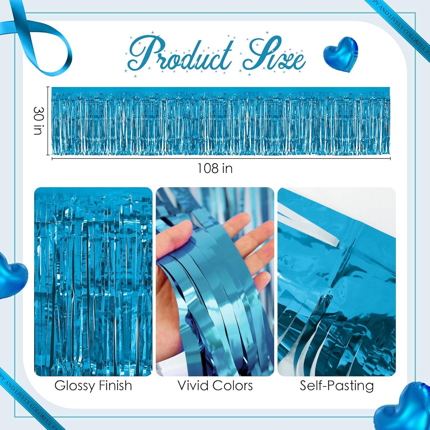 2 Pack Lake Blue Table Skirts, 29x108" Metallic Foil Tinsel Fringe Table Skirts for Rectangle Tables Streamer Curtains Backdrop, Party Decorations for Birthdays Weddings Holidays