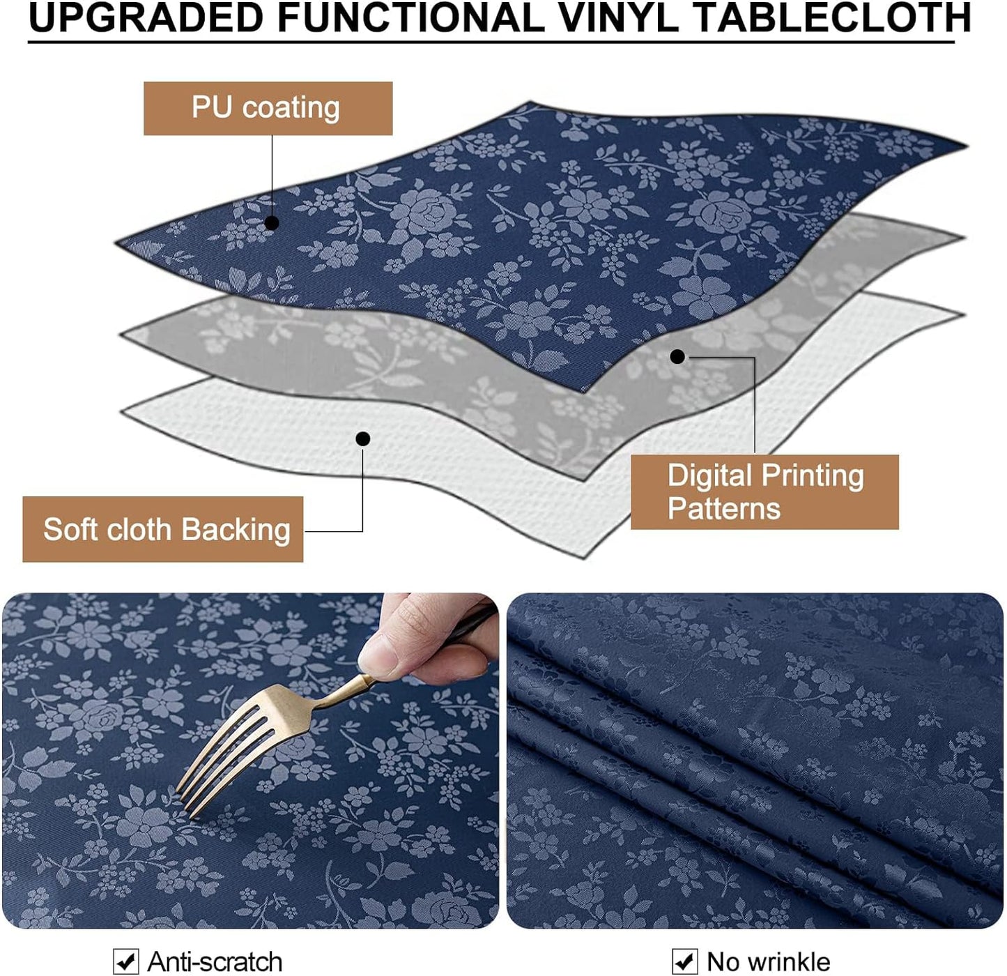 Smiry Rectangle Table Cloth, Waterproof Heavy Duty Vinyl Tablecloths, Wipeable Washable Table Cover for Kitchen and Dining Room (Navy Blue, 60" X 84")