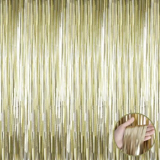 4 Pack Light Gold Foil Fringe Curtain Backdrop, 3.28Ft x 9.84Ft Metallic Tinsel Streamers Curtains for Party, Photo Booth Props, Birthday, 2022 Graduation Decoration Supplies