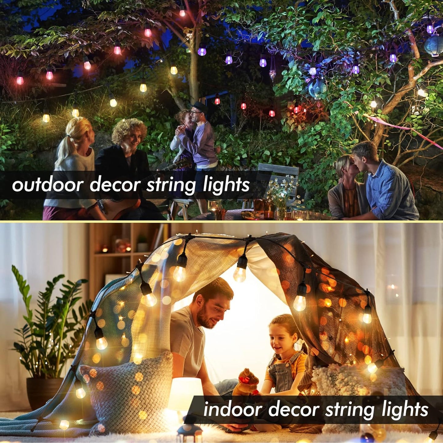 48FT RGB Outdoor String Lights, 15 Shatterproof Edison LED Bulbs, Waterproof Color Changing Patio Lights with Remote. Dimmable Decorative Lighting for Backyard, Camping.