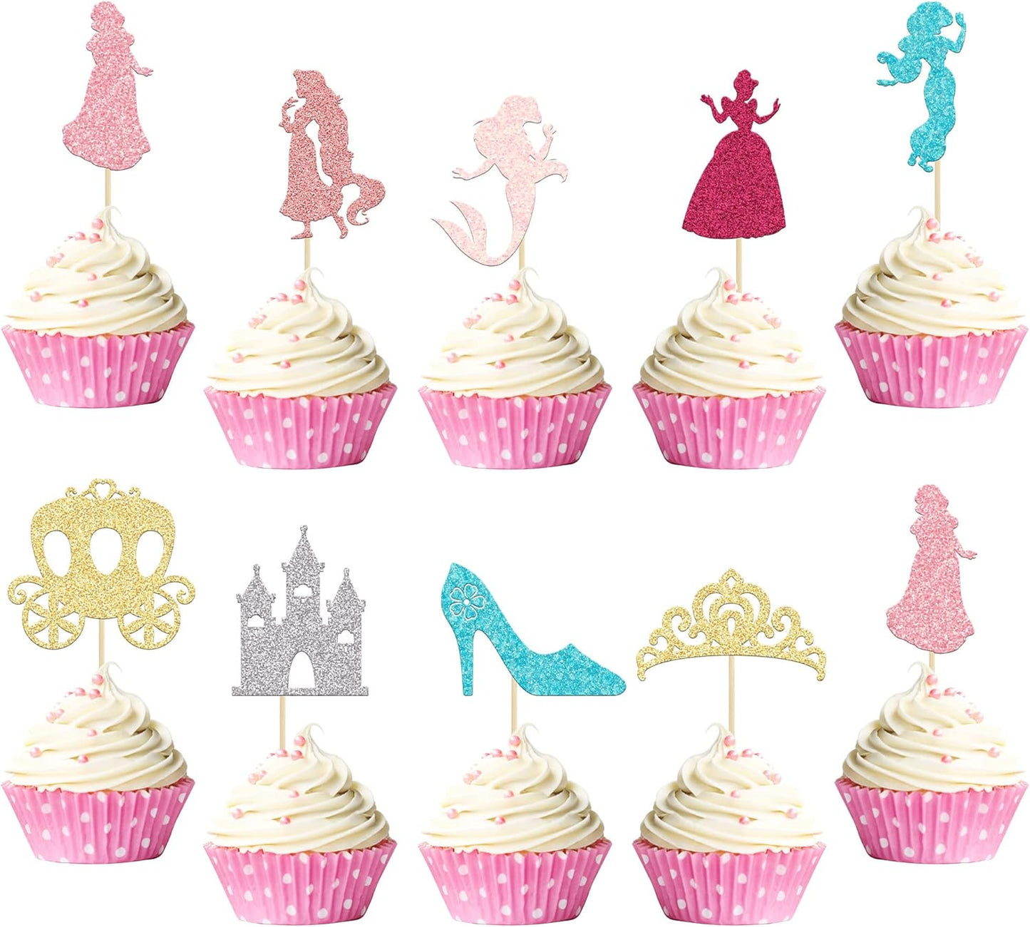 Gyufise 36Pcs Princess Cupcake Toppers Colorful Glitter Mermaid Girl Castle Carriage High Heel Crown Cupcake Picks Princess Theme Baby Shower Girls Birthday Party Cake Decorations Supplies