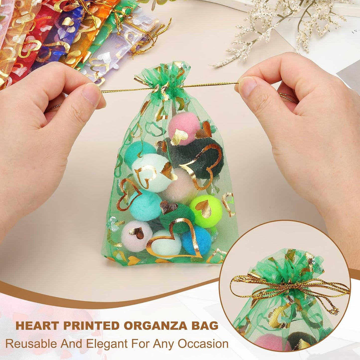PATIKIL 100 Pcs 4x6 Inch Heart Printed Organza Bags, Gold Sheer Heart Organza Bags with Drawstring for Christmas Candy Jewelry Party Wedding Favor Gift