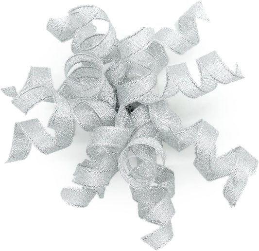CT CRAFT LLC Silver Metallic Burst Curly Ribbon Bow 4" Wide x 6 Counts Gift Wrapping Pre-Tied Self-Adhesive Tab for Birthday Present Box Wine Bottle Baby Shower Party Christmas Hanukah