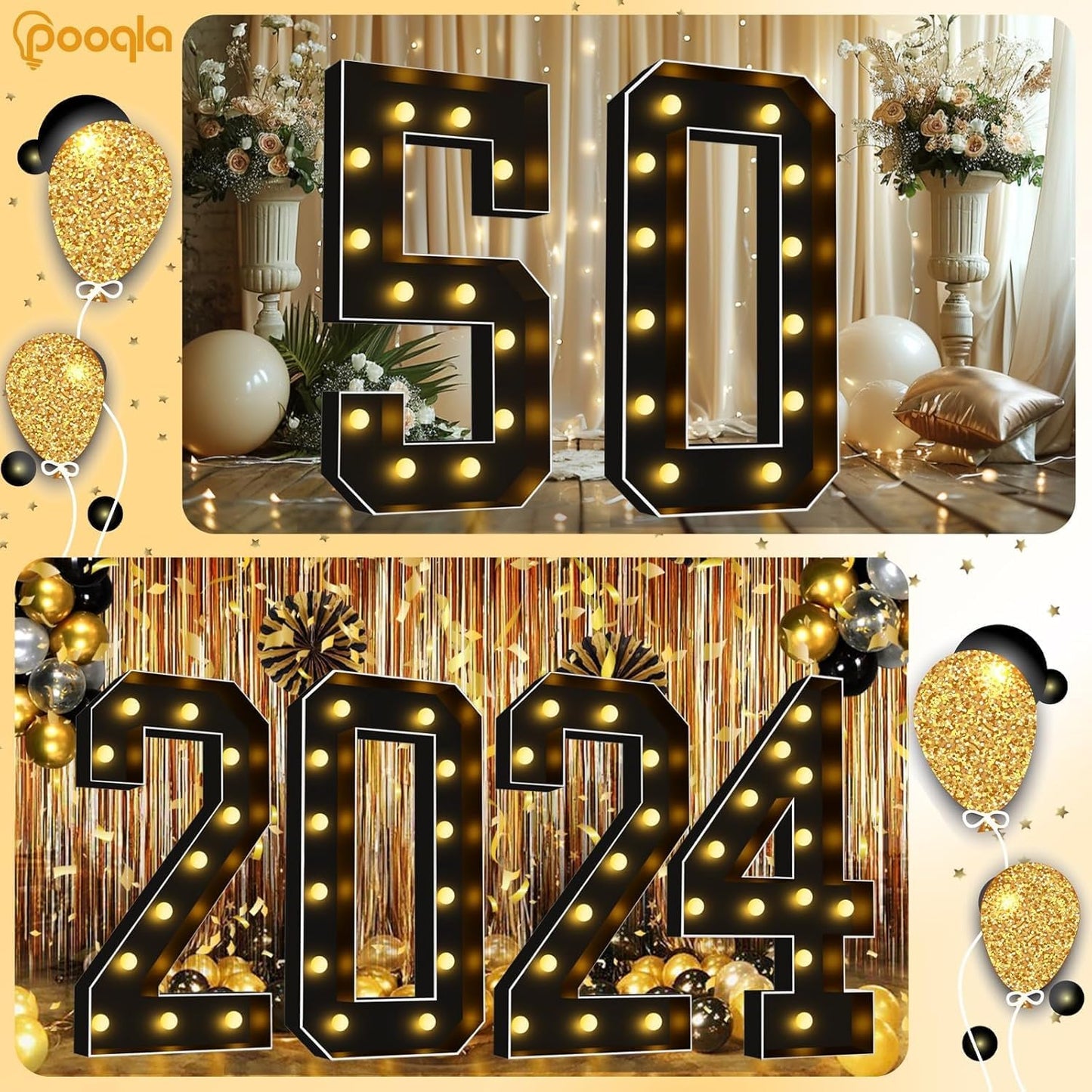 Pooqla 4 FT Light Up Marquee Numbers, Black Letter Big Mosaic Numbers 4 Feet Tall for 10th 50th Birthday, Giant Marquee Number Lights for Balloons Party Anniversary Wedding Decorations, Number 0