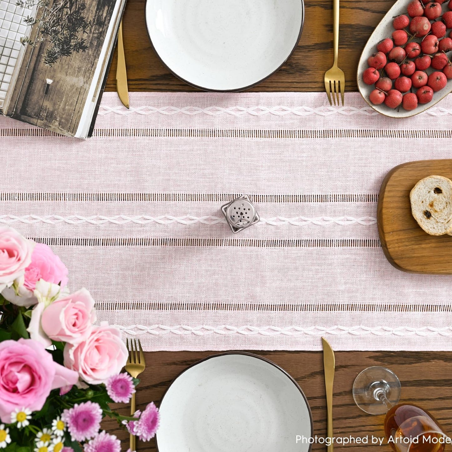 Artoid Mode Pink Rustic Cotton Linen Table Runner, Seasonal Embroidered Hollow Kitchen Dining Table Decoration for Home Party Decor 13x72 Inch