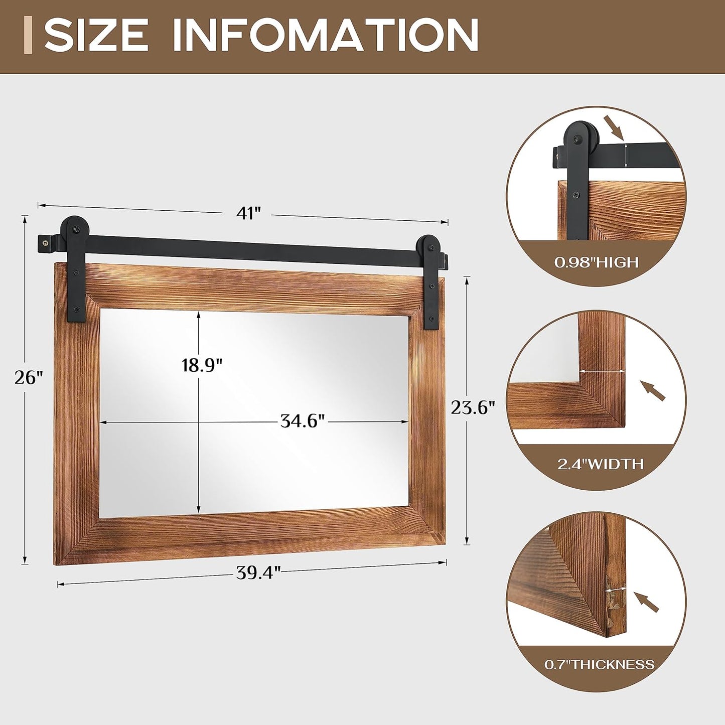 COGOOD Farmhouse Barn Door Mirror - 41" x 26" Rustic Wood Framed Wall Mirror for Bathroom, Living Room, Bedroom Wall Decor (Brown)