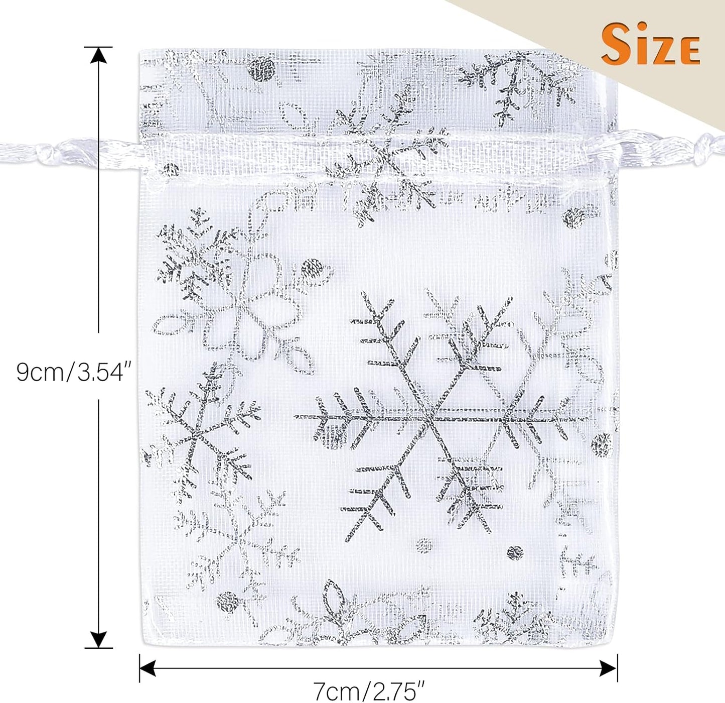 jijAcraft 3x4 Inch White Christmas Organza Bags - 100Pcs Small Snowflake Bag, Xmas Drawstring Mesh Gift Pouches for Gift, Party Favors, Candy