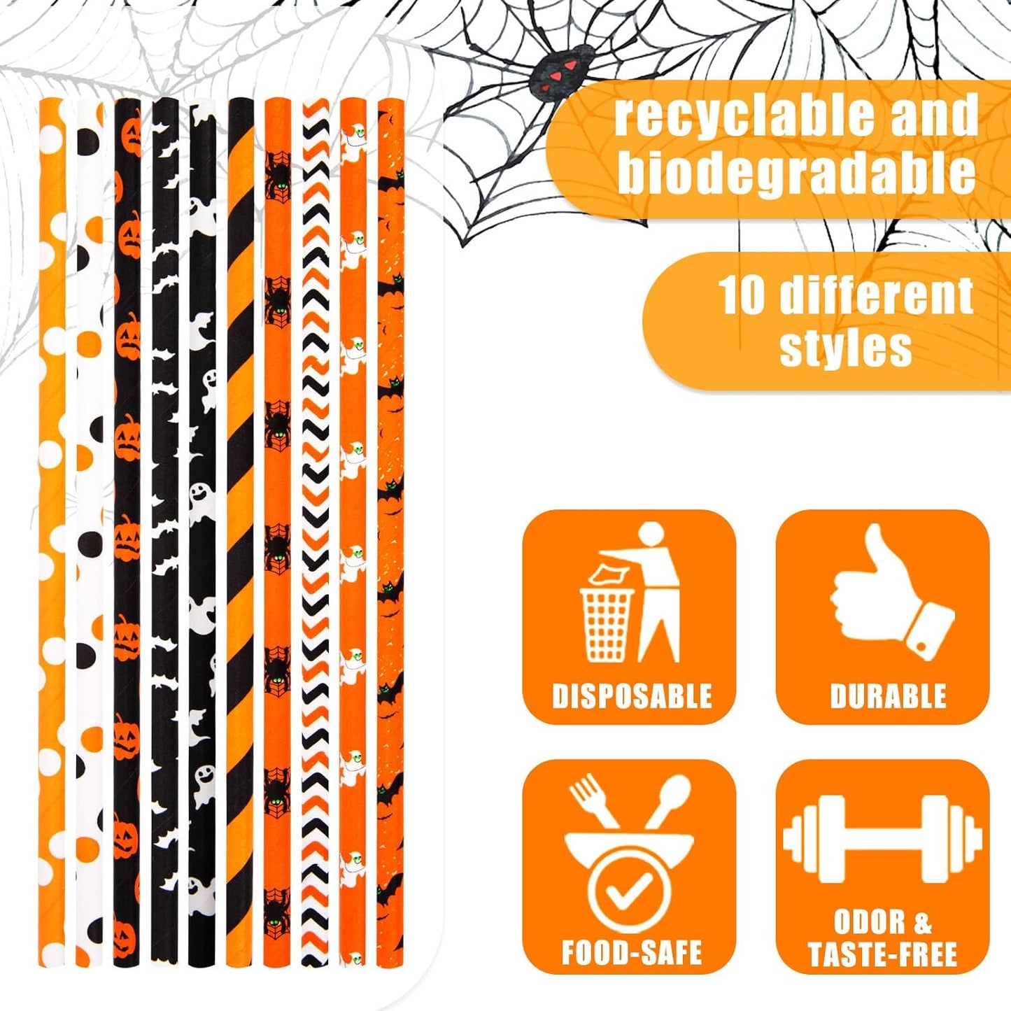 HANSGO Halloween Paper Straws, 70PCS Paper Drinking Straws Bulk for Halloween Party Favor Cupcake Decorating