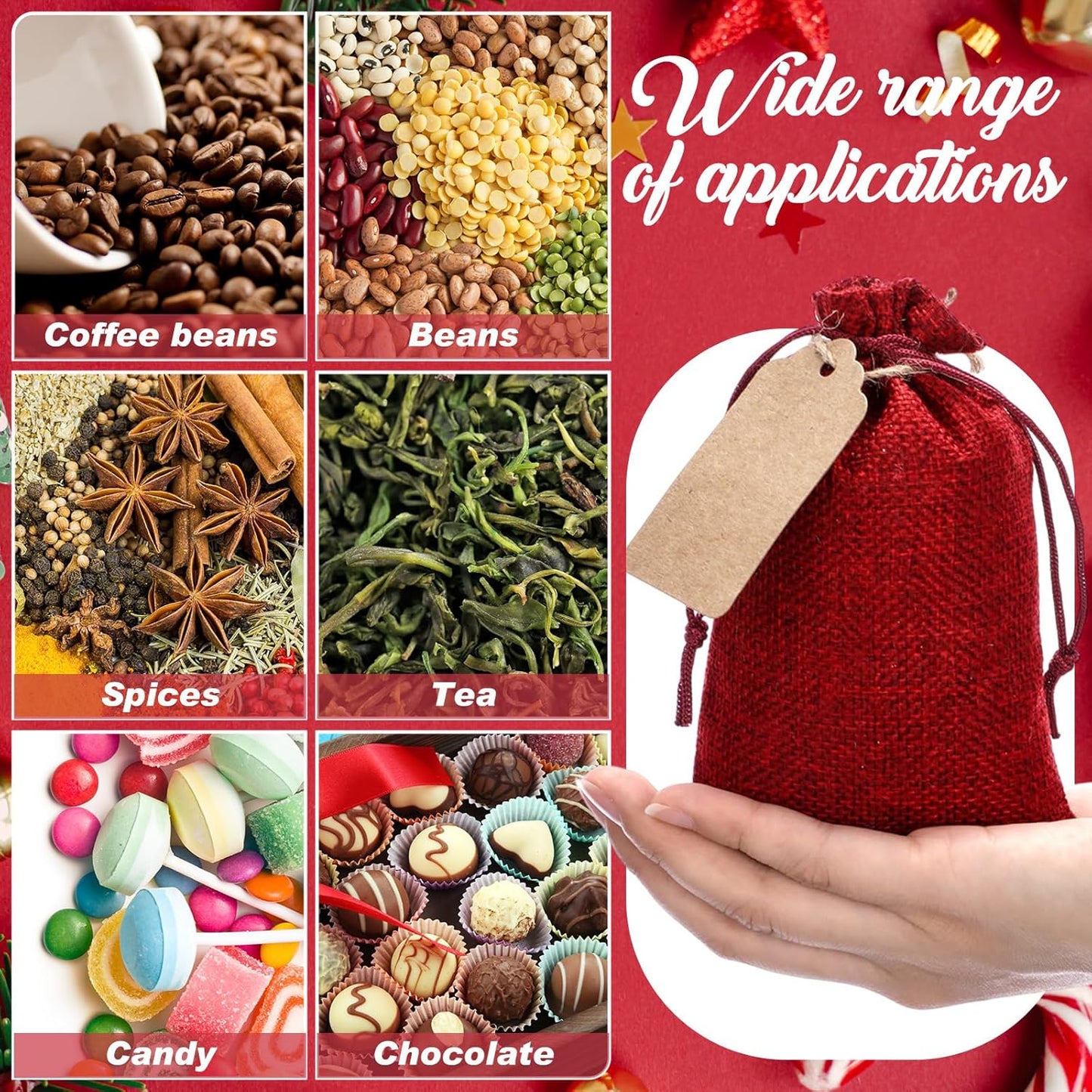 Woanger 100 Pcs Burlap Gift Bags with 100 Pcs Kraft Paper Gift Tags with Drawstring Favor Bulk Burlap Sack Bags for DIY Wedding Party Craft(4 x 6 Inch,Red)