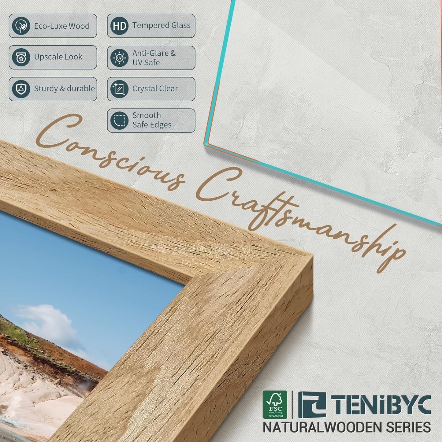 9x12 Frame 4 Pack - Natural Woodgrain, 9 x 12 Picture Frame with HD Tempered Glass, able or Wall Display