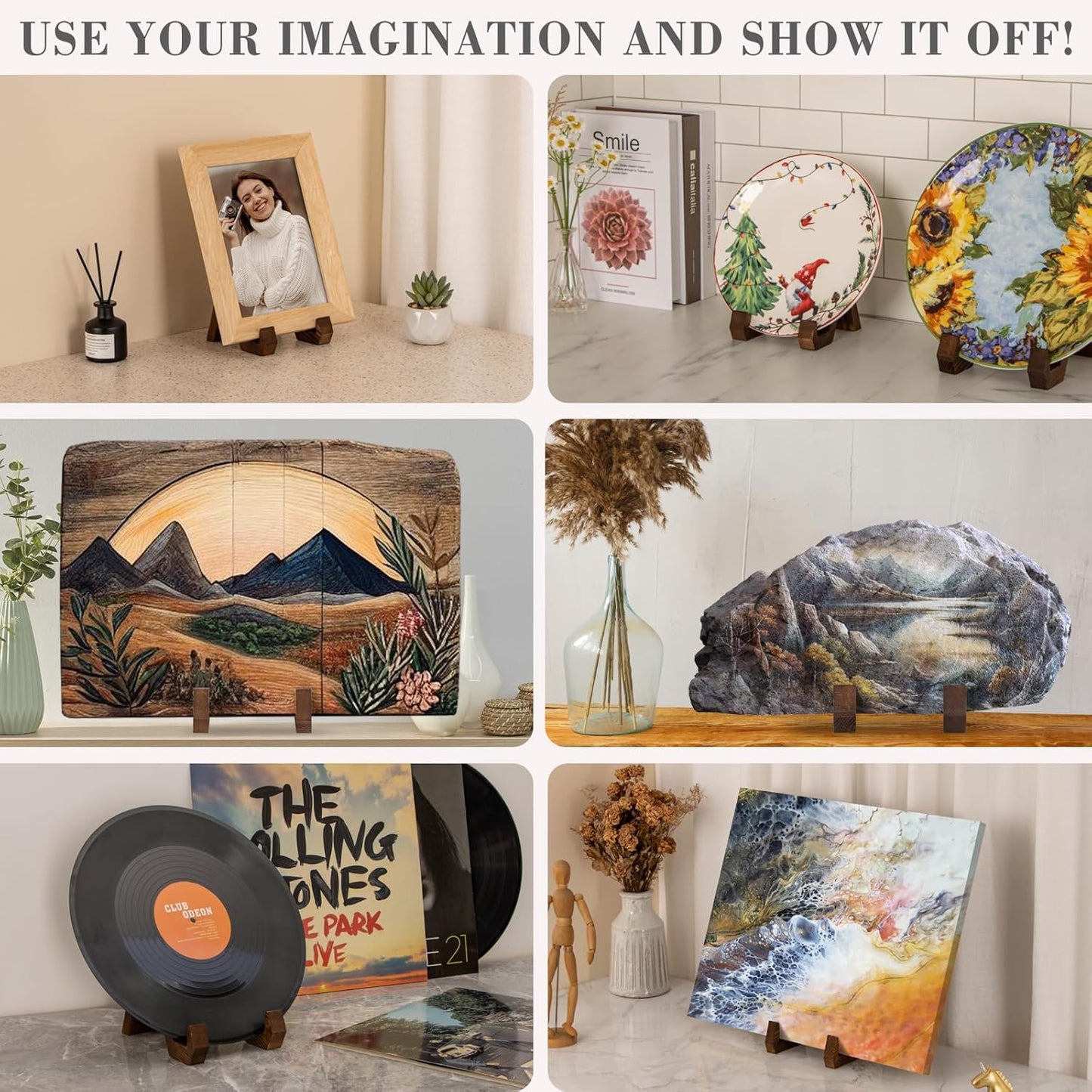 Plate Display Stand, 3 Pack 6 Inch Plate Holder for Displaying, Decorative Picture Frame Dish Photo Plaque Platter Wood Stand