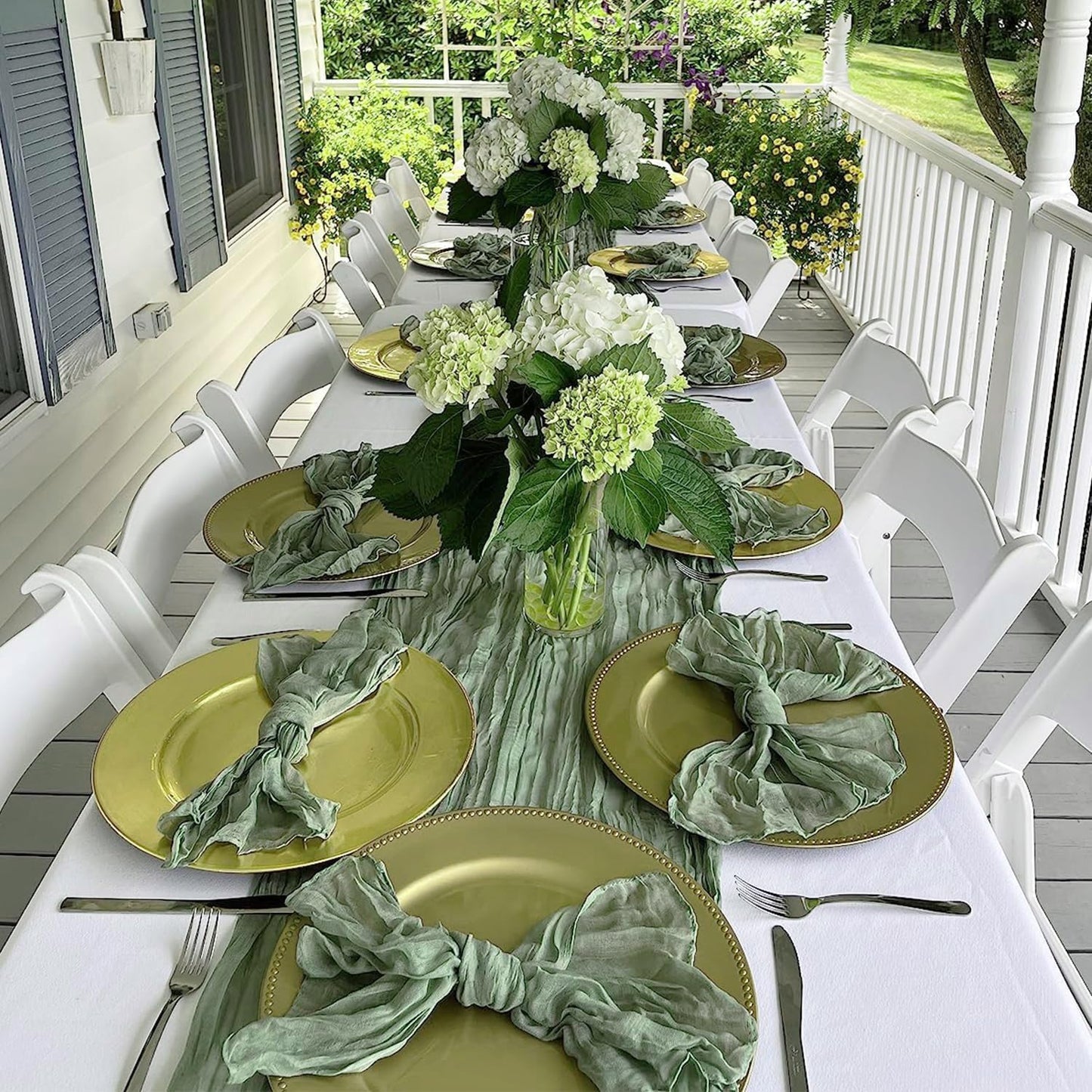 12 Pack Sage Green Table Runner Cheesecloth 35x120 Inch, 10Ft Boho Sheer Gauze Table Runner Cheese Cloth Runner for Wedding Baby Shower Fall Thanksgiving Home Decorations
