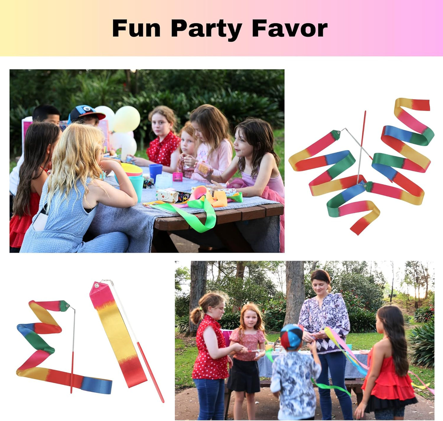 Dance Wands Ribbon Pack, Party Favors for Girls Goodie Bags, Outdoor Kids Rainbow Birthday Party Games, Gymnastics Gift Bags Steamers (multicolored ribbon with Red grip,10pcs set)