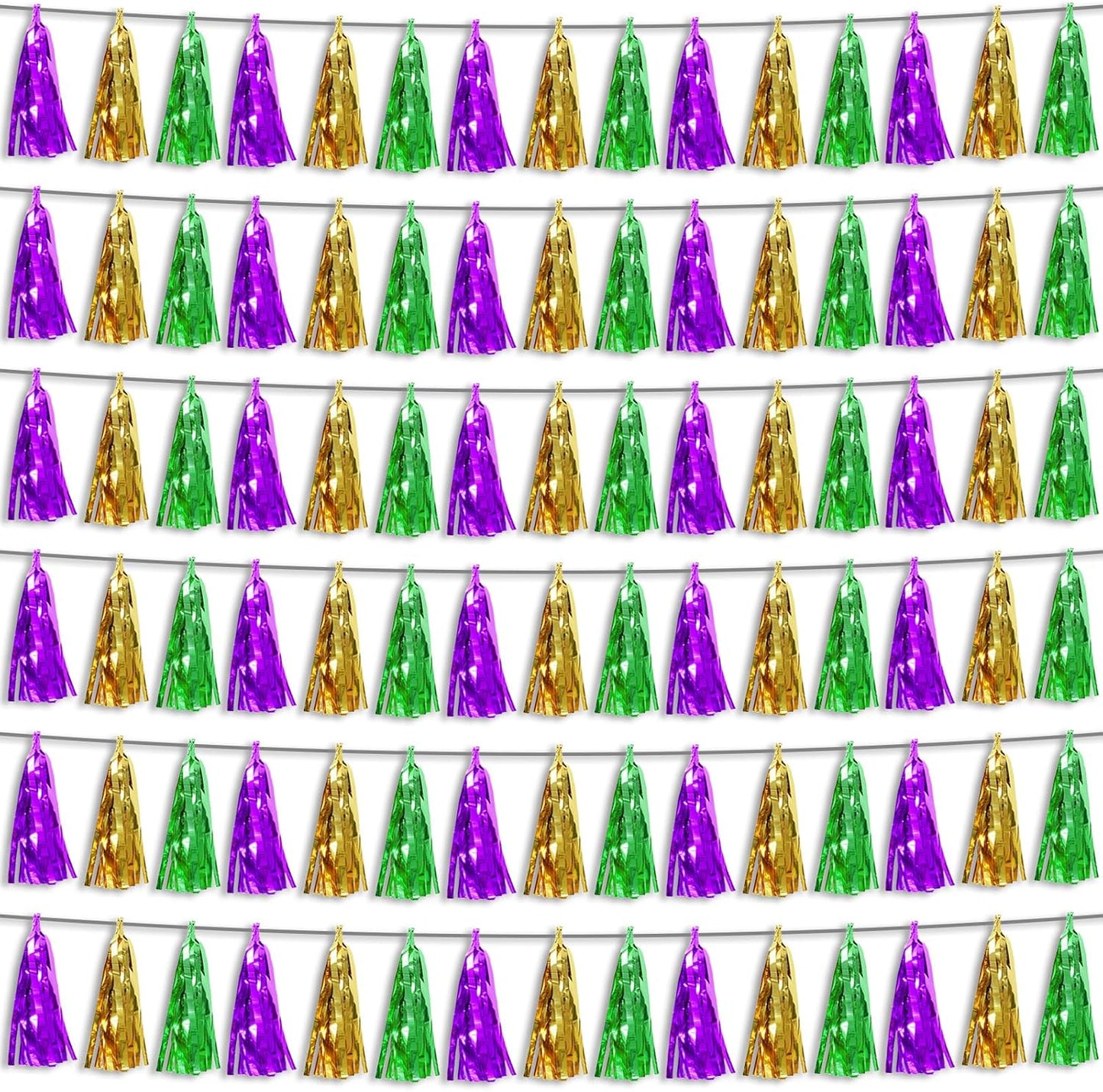 6P Purple Green Gold Foil Fringe Metallic Tassel Streamers Banner Tassel Garland for Parade Floats, Bachelorette, Wedding, Birthday, Graduation, Christmas, Bridal/Baby Shower Party Decorations