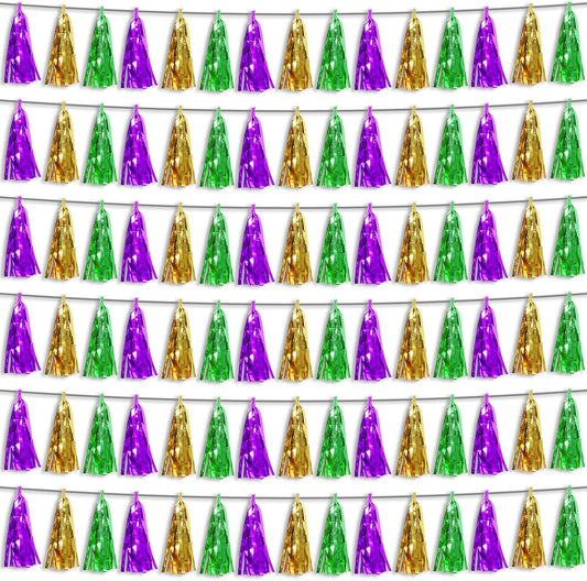 6P Purple Green Gold Foil Fringe Metallic Tassel Streamers Banner Tassel Garland for Parade Floats, Bachelorette, Wedding, Birthday, Graduation, Christmas, Bridal/Baby Shower Party Decorations