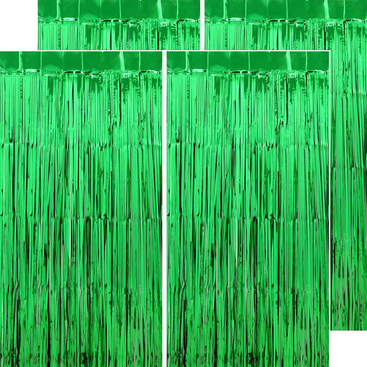 Green Streamers Party Decorations - Thicken 4 Pack 3.2 x 8.2 FT - Tinsel Foil Fringe Curtains Party Backdrop for Birthday, Dinosaur, Jungle, Football, Golf Party Decorations