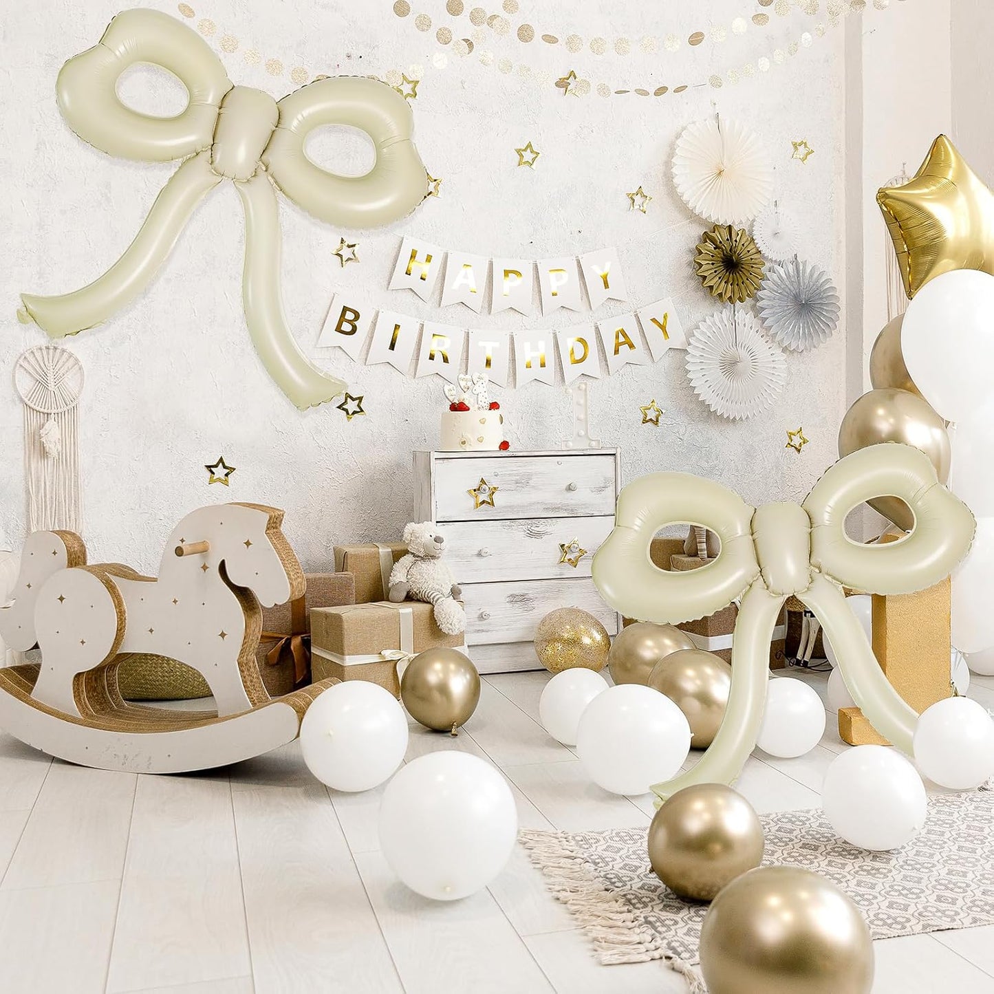 4 Pcs Bow Birthday Decorations Cream Bow Balloons for Girl Women Bow Themed Party Decorations Giant Foil Beige Balloons for Birthday Baby Shower Gender Reveal Wedding Decor Party Supplies