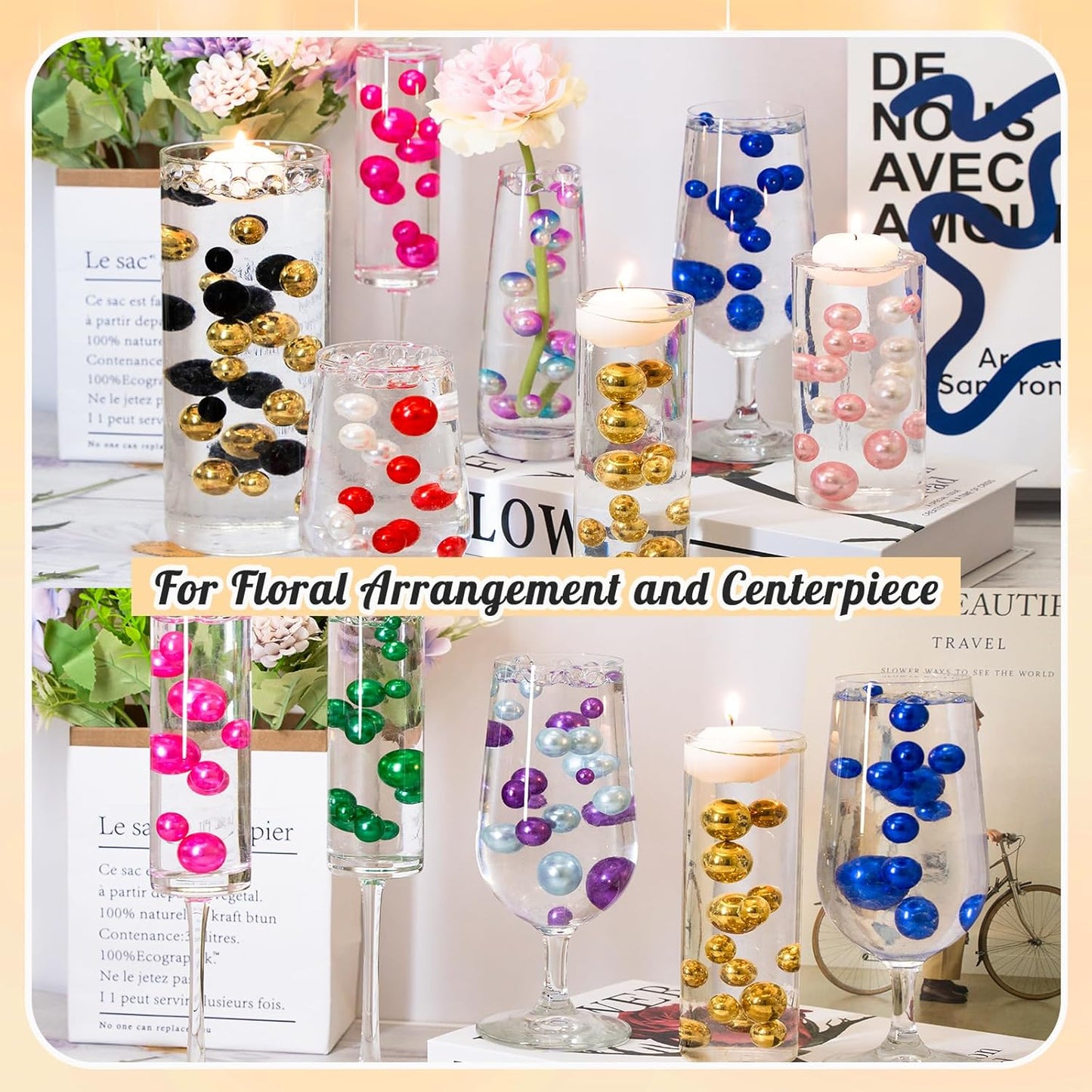 300Pcs Pearl Vase Filler, Black BrightGold No Hole Faux Pearl Beads for Centerpieces Vases, Candle Centerpieces, Wedding Birthday Party Home Decor 8/10/14/20mm