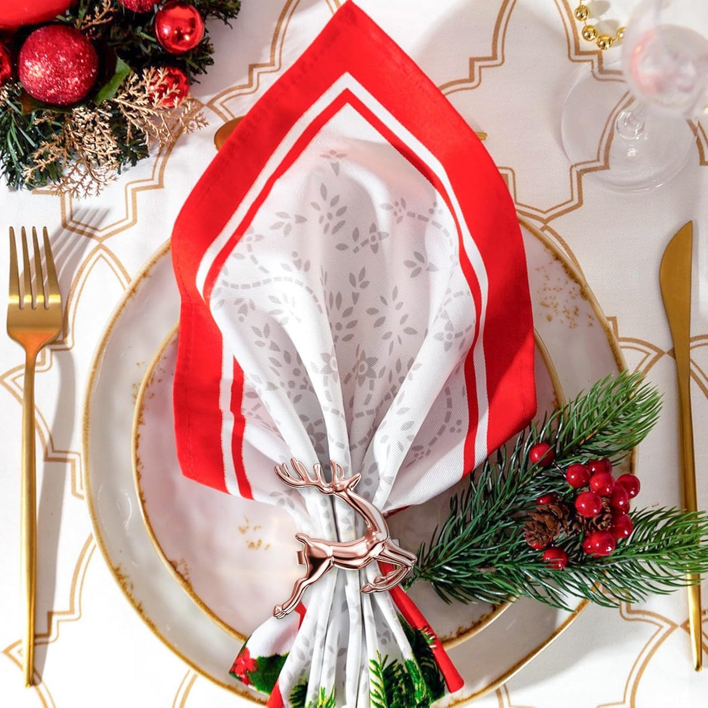ZeeDix Set of 8 Rose Gold Elk Chic Napkin Rings for Christmas Dinning Table Setting-Wedding Receptions, Christmas, Thanksgiving and Home Kitchen for Casual or Formal