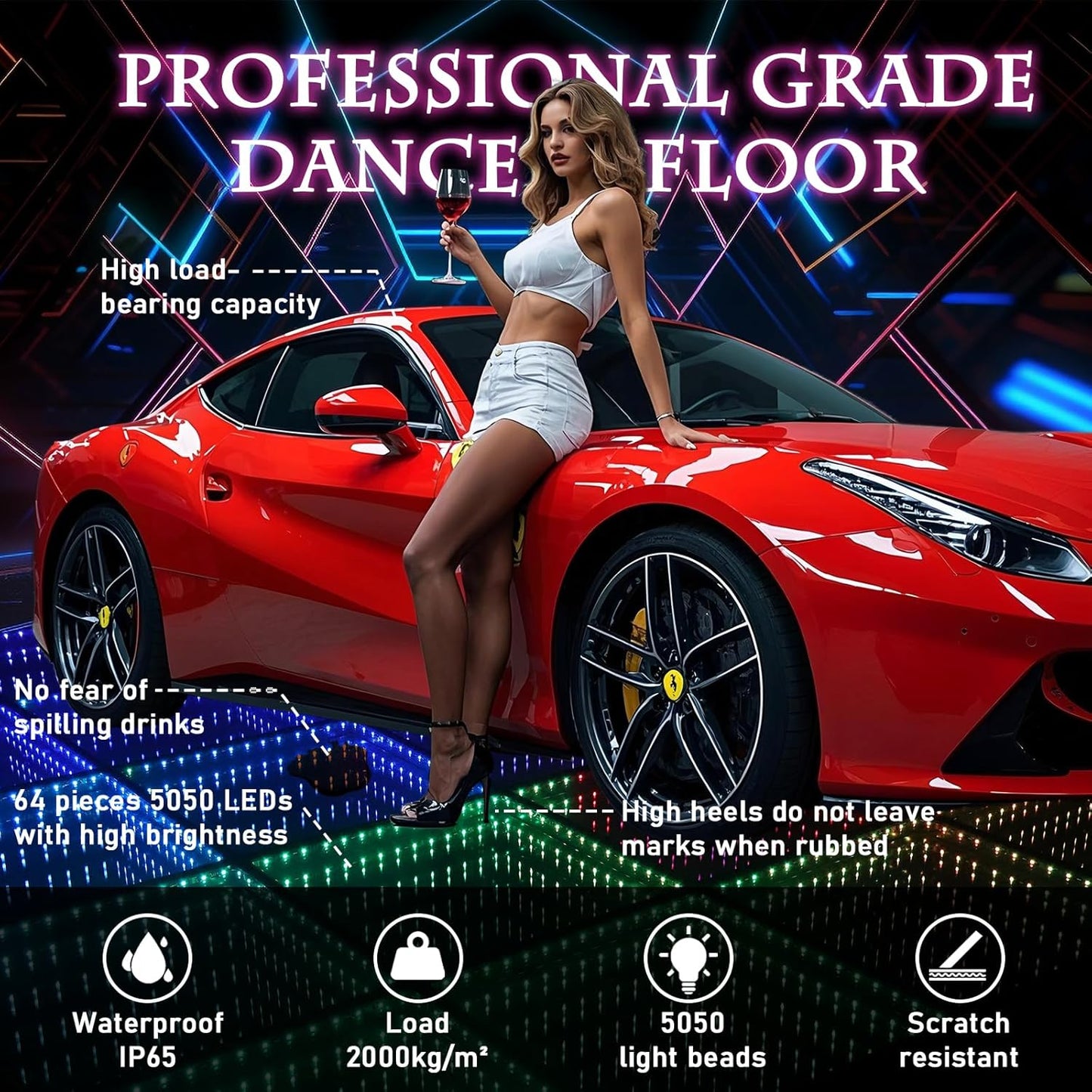 Dance Floor Stage Lights-Tempered Glass with Flight Case - RGB Color Changing Lights for Wedding, Party, Club - Non-Slip (3D -Magnetic, 12 * 12 FT)