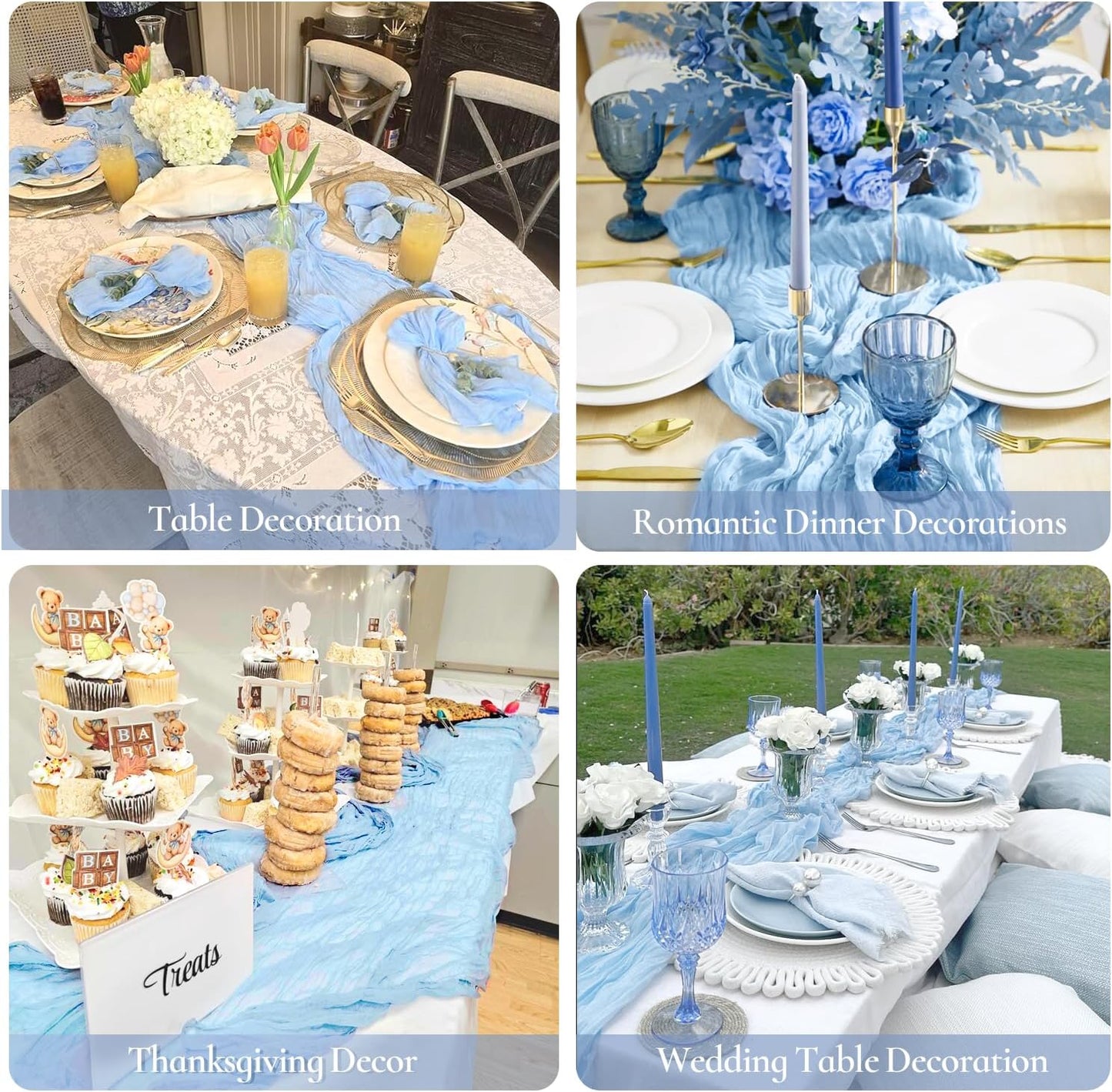 3 Pack Baby Blue Table Runner Boho Gauze Cheesecloth Table Runner 120 Inches Long Light Blue Cheese Cloth Runner for Wedding Bridal Baby Shower Birthday Party Easter Decor