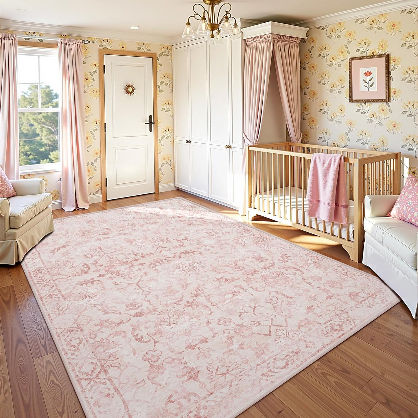 Pink Area Rugs 6x9 for Living Room, Washable Vintage Rugs for Bedroom, Distressed Throw Rug, Non Slip Rug Carpet for Bedroom Dining