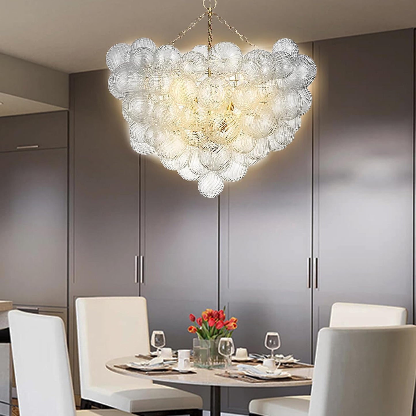 Nordic Bubble Ball Swirled Glass Chandelier, Dia 36 inch Gild Gold and Clear Blown Glass Large Pendant Light Fixture for Bedroom Study Restaurant Entry Room