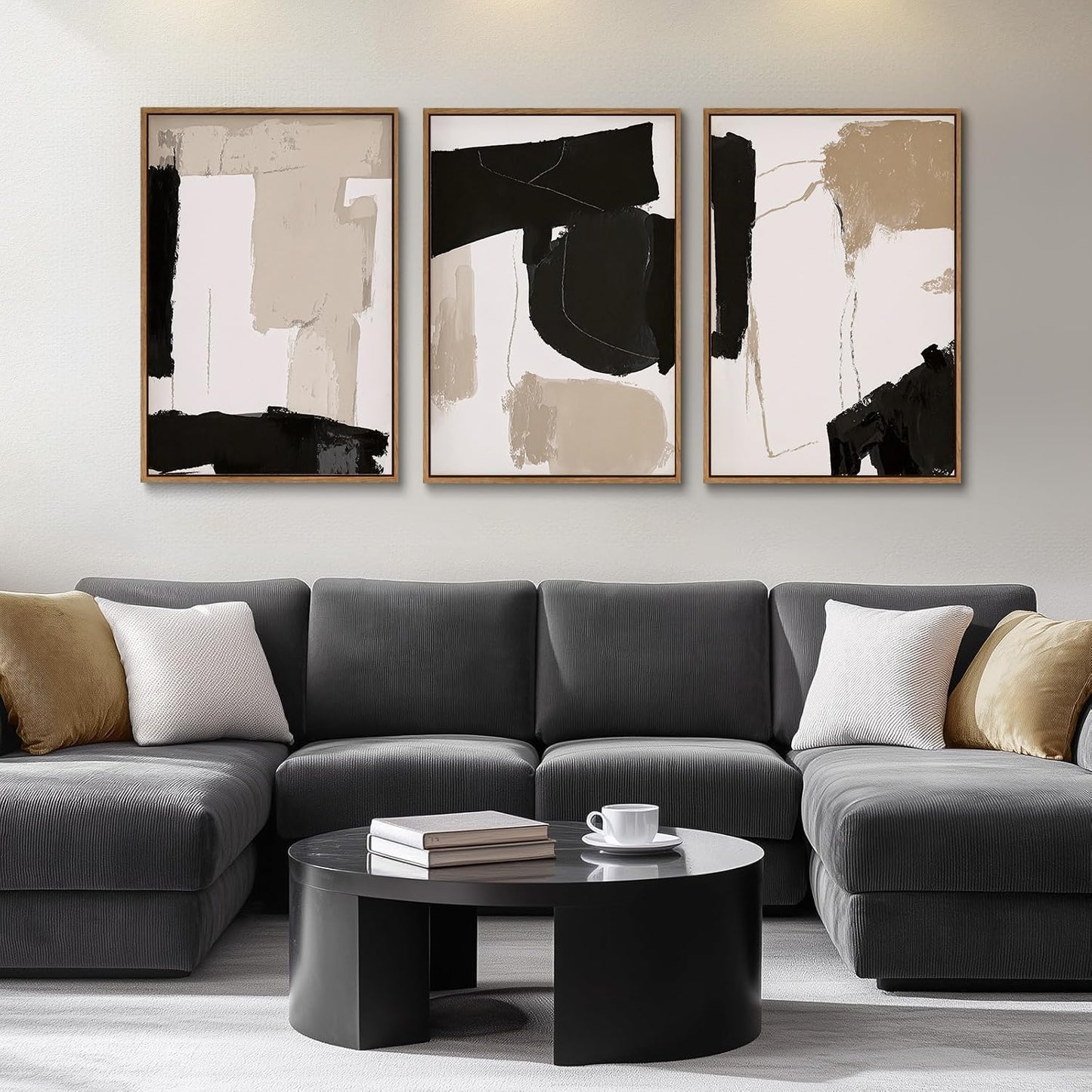 myusuar 3 Piece Large Modern Abstract Canvas Framed Wall Art For Living Room, Black And Beige Blocks Minimalist Wall Art Decor Posters Prints For Bedroom Office, 12x16in