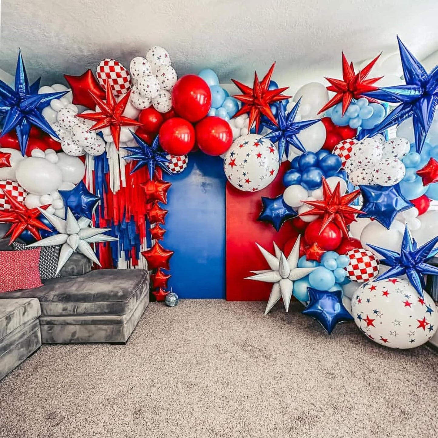 Red Star Balloons 12pcs, 27/22 Inch Foil Star Explosion Balloons, Large Spike Mylar Cone Balloon, Fireworks Shape Balloon Decor for Wedding Engagement Valentine's Day Christmas Birthday