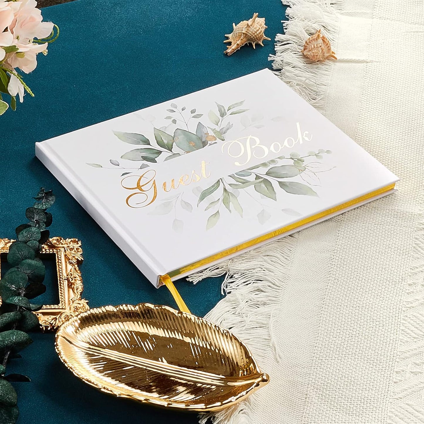 TRULIVA Wedding Guest Book - Guest Sign in Book - Wedding Reception Registry Book - Hard Cover, 7" x 9" (Eucalyptus Gold Foil, Book)