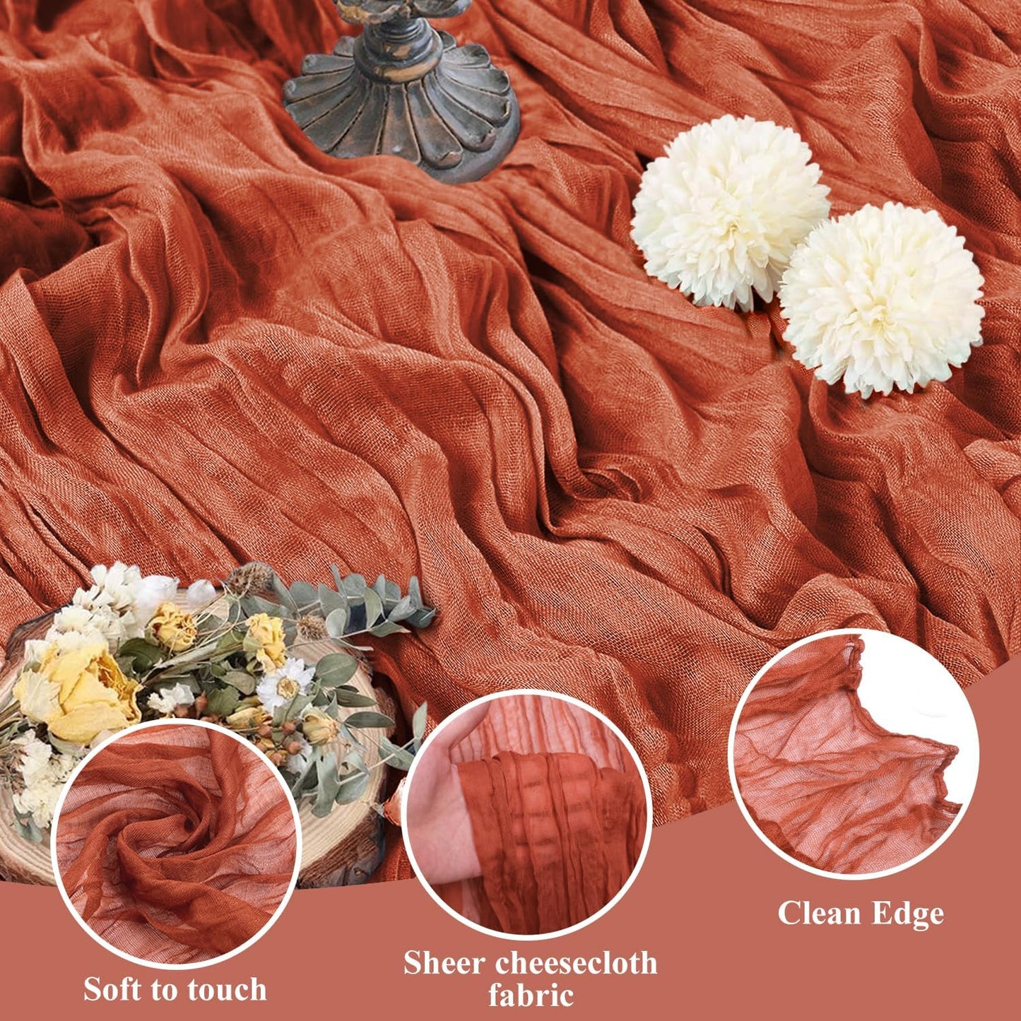 Asee'm 3pcs Cheesecloth Table Runner 120 Inches Long Terracotta Boho Gauze Cheese Cloth Runner 10FT Rustic Sheer Fall Table Runners for Thanksgiving Christmas Wedding Party Baby Shower Decoration