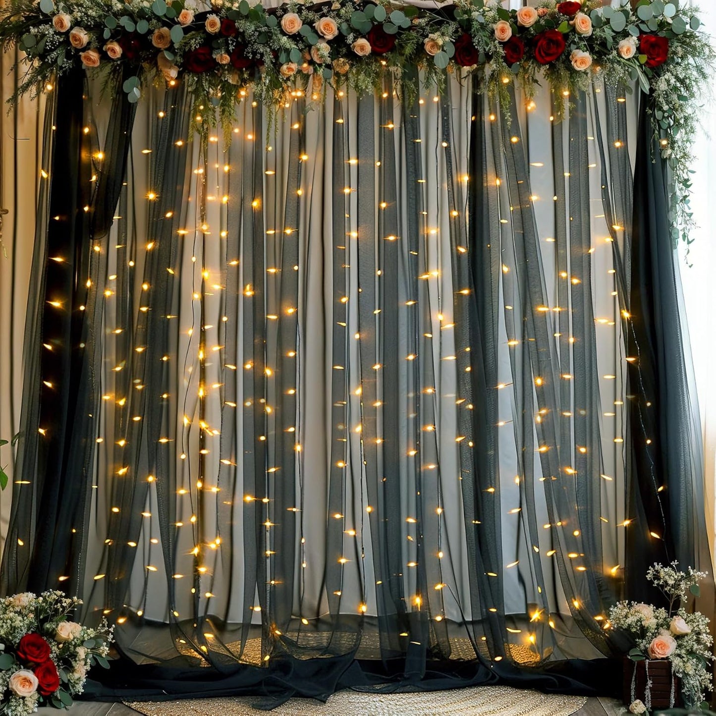 Black Backdrop Curtains with Lights String for Parties Wedding Bridal Shower 10×10ft Sheer Tulle Backdrop Curtain Panels for Baby Shower Birthday Party Photo Shoot Background Wall Decorations