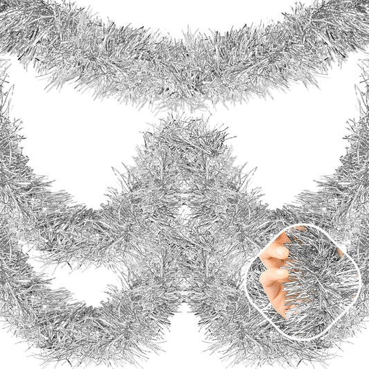 25 Feet Silver Christmas Tinsel Garland, Metallic Foil Twist Garland Wall Hanging Tinsel Banner Backdrop for Parade Floats, Easter, Mother's Day, Birthday Party Decorations (4in x 25ft)