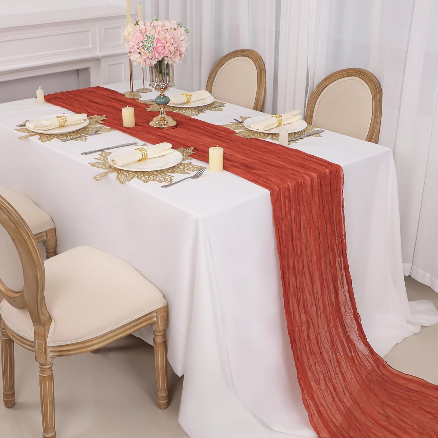Snowkingdom 10 Ft Fall Table Runner Terracotta Cheesecloth, 120 inch Long Rust Burnt Orange Cheese Cloth Boho Gauze for Wedding Bridal Shower Rustic Sheer Thanksgiving Table Decorations