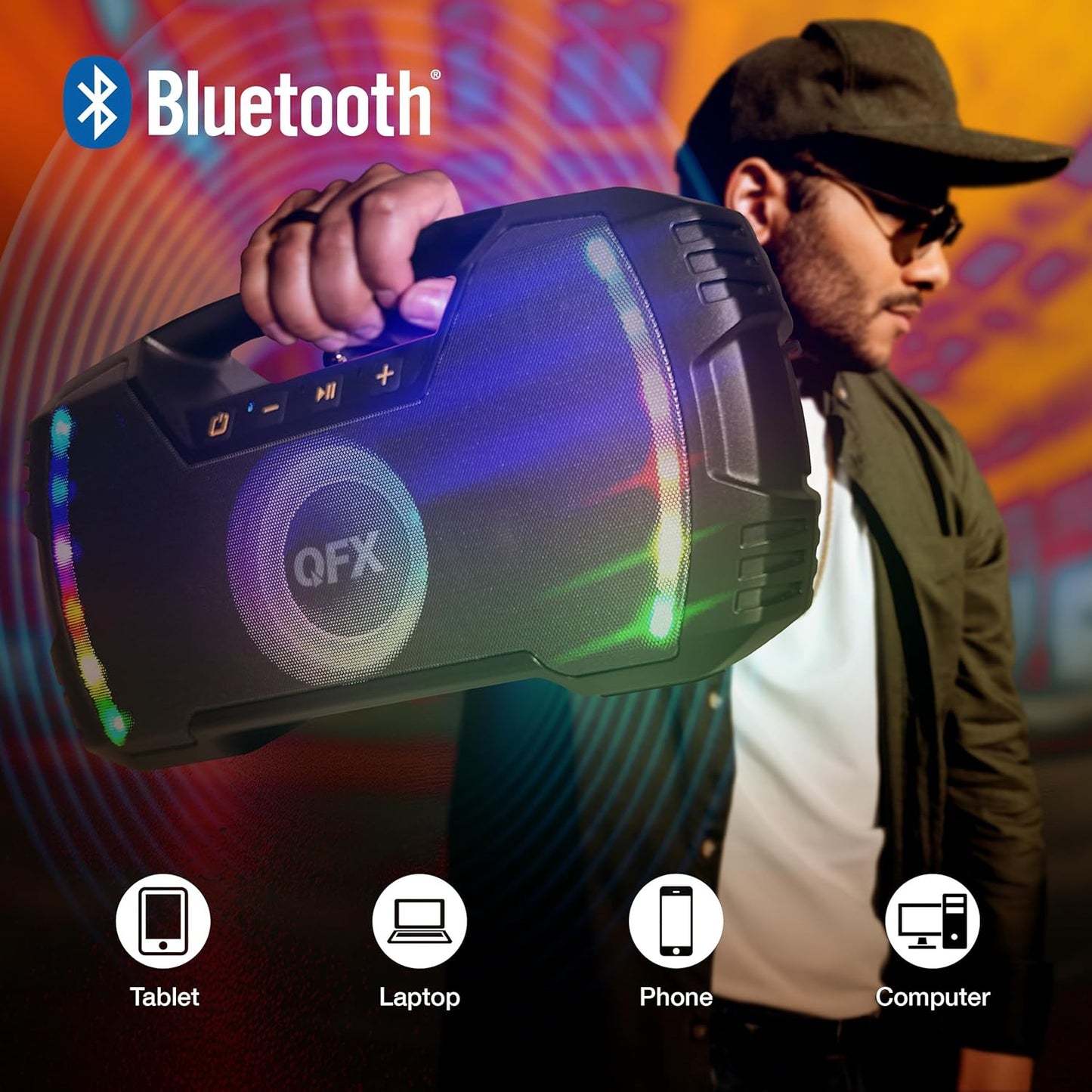 Powerful & Portable Waterproof All Terrain Bluetooth Speaker with Deep Bass, LED Party Lights, Fast USB-C Charging, FM Radio, AUX – QFX BT-ZX35