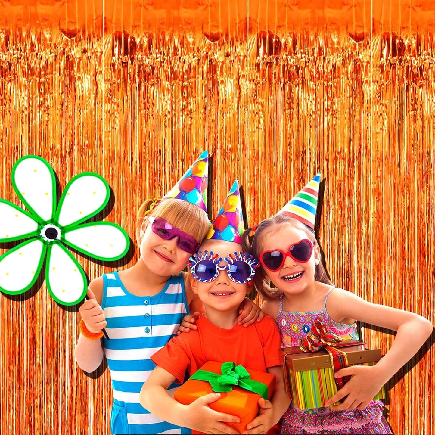 4 Pack Orange Foil Fringe Curtain Backdrop, 3.28Ftx8.2Ft Metallic Tinsel Foil Fringe Streamers Curtains for Party, Photo Booth Props, Birthday, 2022 Mother's Day Decoration Supplies