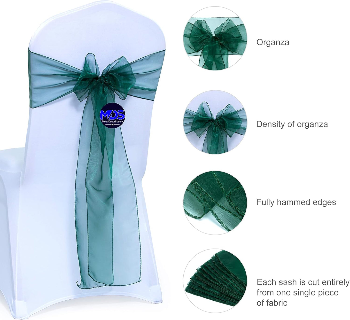 MDS Pack of 200 PCS Organza Chair Sashes Wider Dining Chair Bows Ribbon Tie Back for Wedding Party Birthday Bridal Shower Reception Event Banquet Home Chair Cover Decoration - Hunter Green
