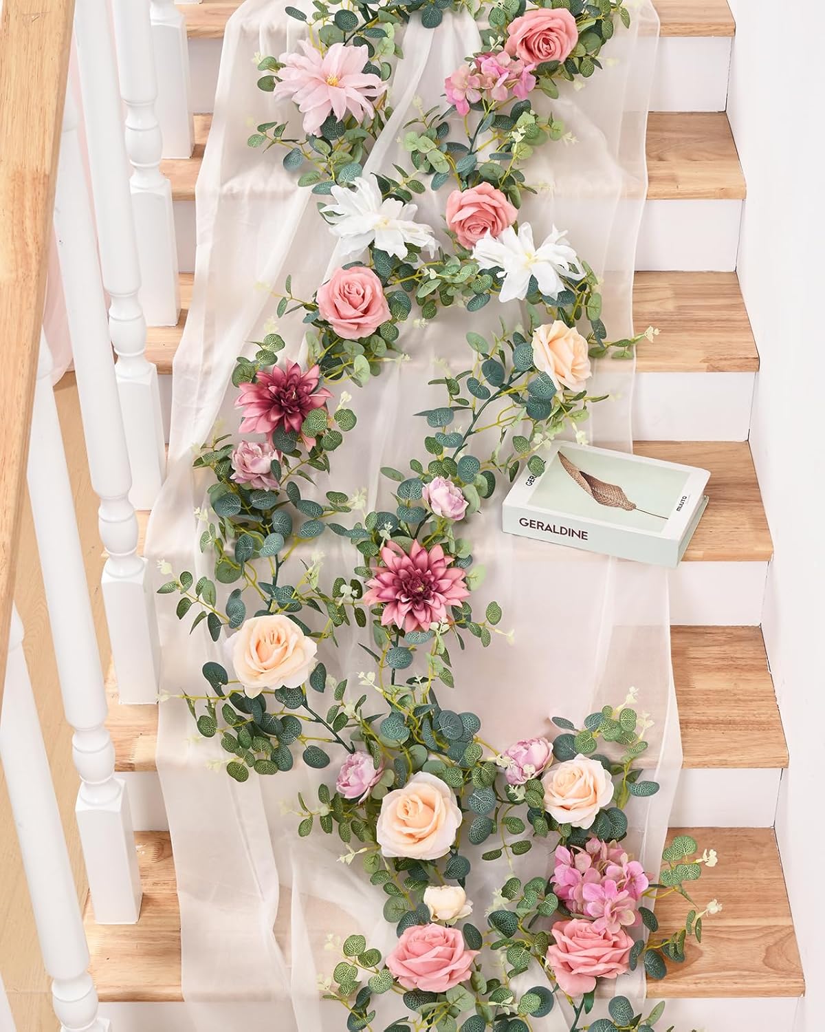 Waipfaru Flower Garland Decorations, 6.07Ft Pink Floral Rose Garland, Artificial Eucalyptus Greenery Vines with Flowers for Wedding Table Runner Centerpieces Backdrop Room Decor (Pink)