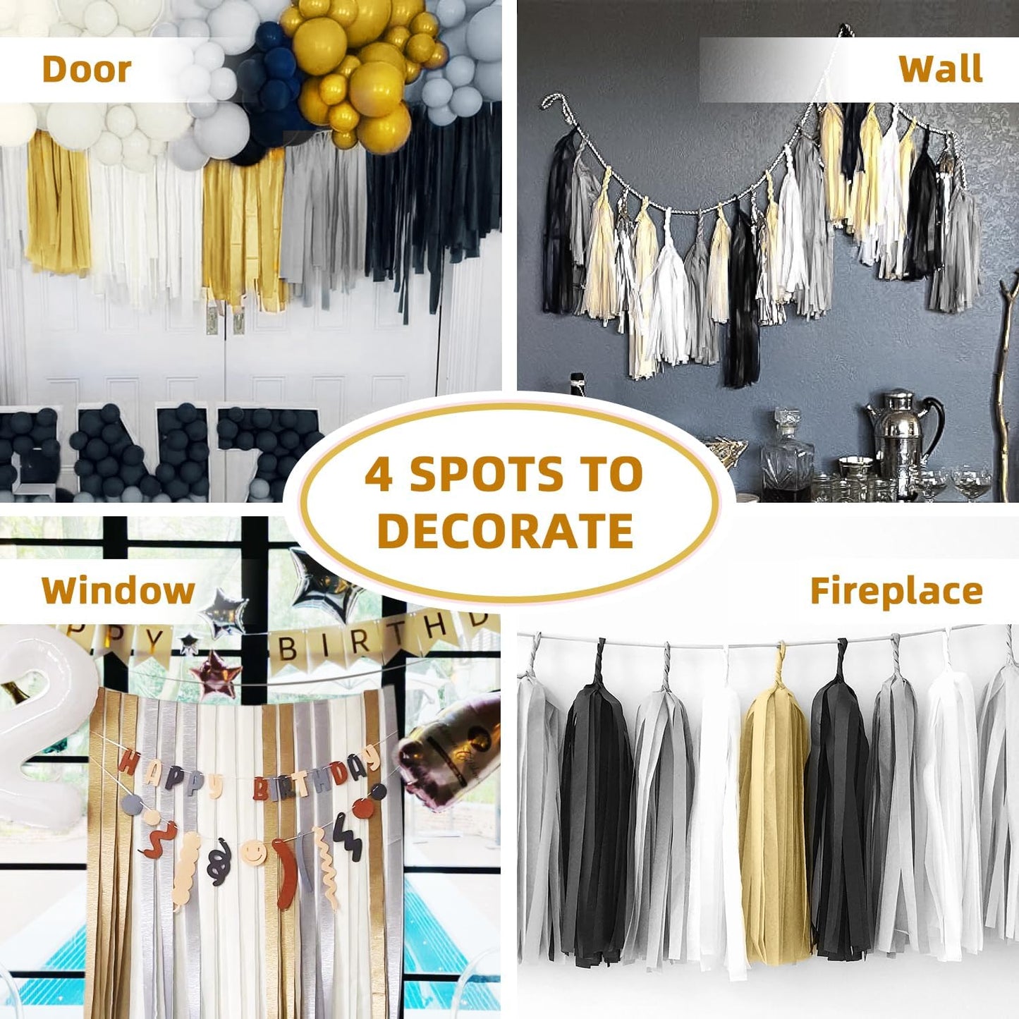 Crepe Paper Streamers 8 Rolls 656ft, Pack of Silver, Black, White and Gold Party Streamers for Christmas Birthday Wedding Baby Shower Backdrop New Years Eve Decorations (1.8Inch x 82Ft/Roll)